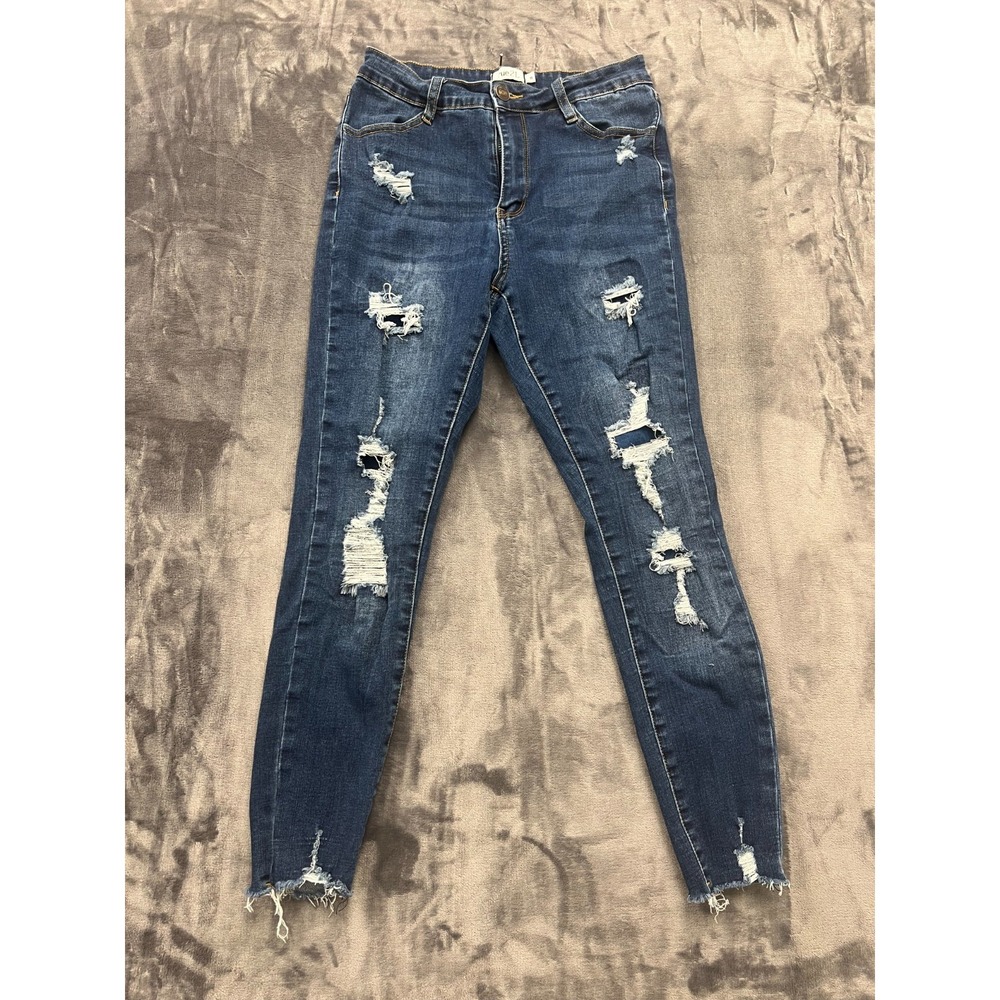 Rue21 Jeans Womens 8 Blue Denim Preppy Distressed 5-Pockets Mid Rise Skinny Leg